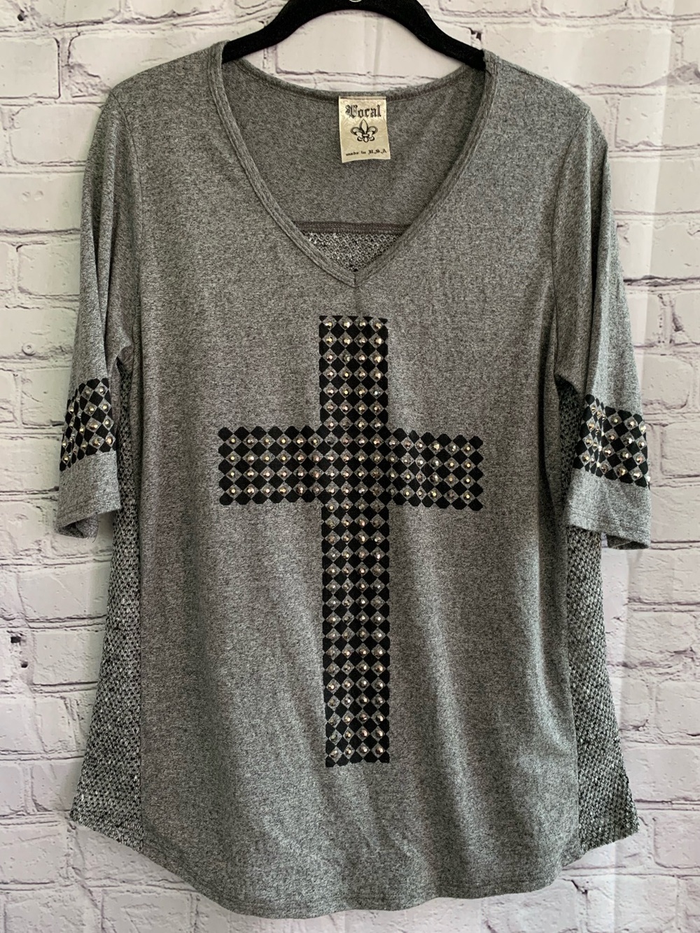 Vocal Grey Short Sleeve V-Neck Top with Studded Cross